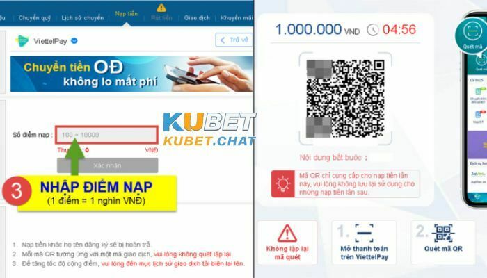 Hướng dẫn nạp tiền vào Kubet trên máy tính bằng Viettel Pay